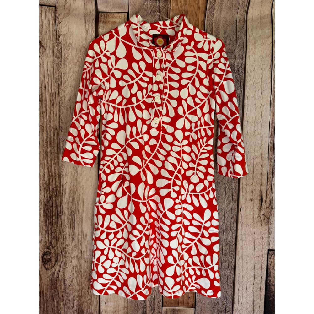 Lesley Evers Dress Tippi Red Fern Mod Leaf Print Red White Retro Groovy Small